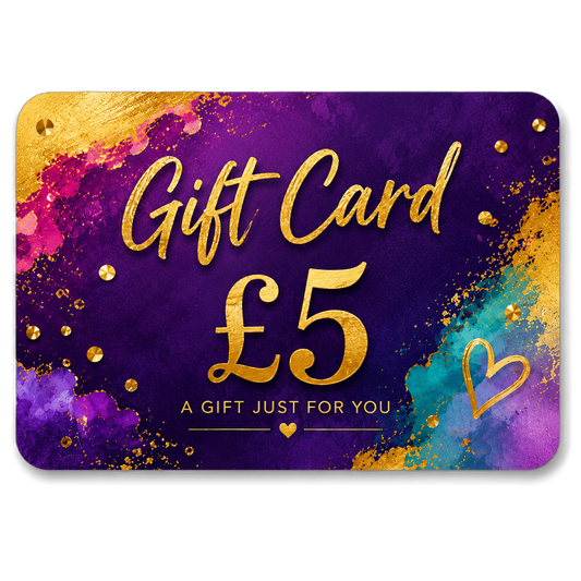 Gift card with gold text on a colorful watercolor background