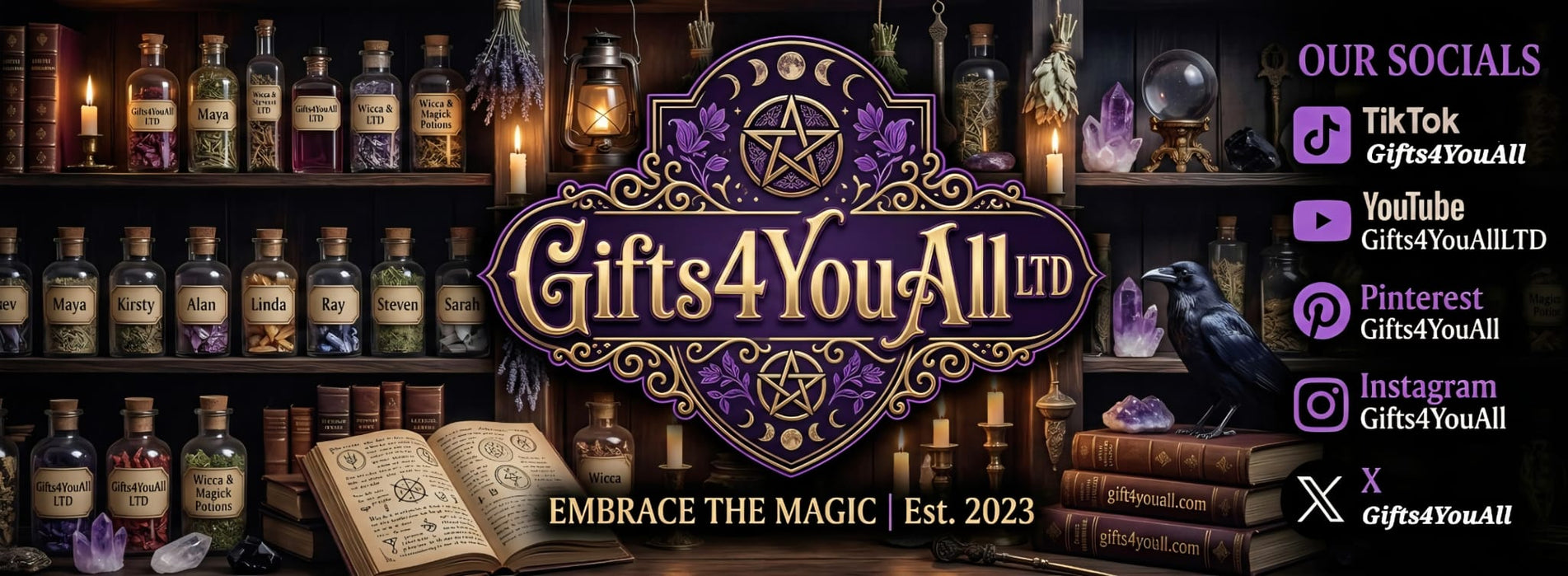 Promotional banner for 'Gifts4YouAll Ltd' with a magical theme, featuring bottles, books, and mystical elements.