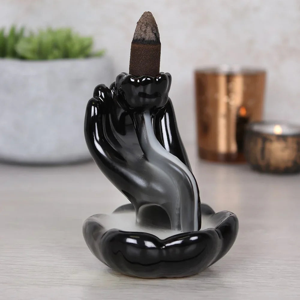 Hand & Lotus Backflow Incense Burner Full Image - Gifts4YouAll