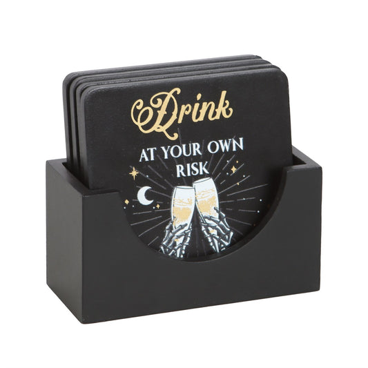 Til Death Do Us Party Skeleton Coaster Set - Black & Gold (Set of 4 with Stand)
