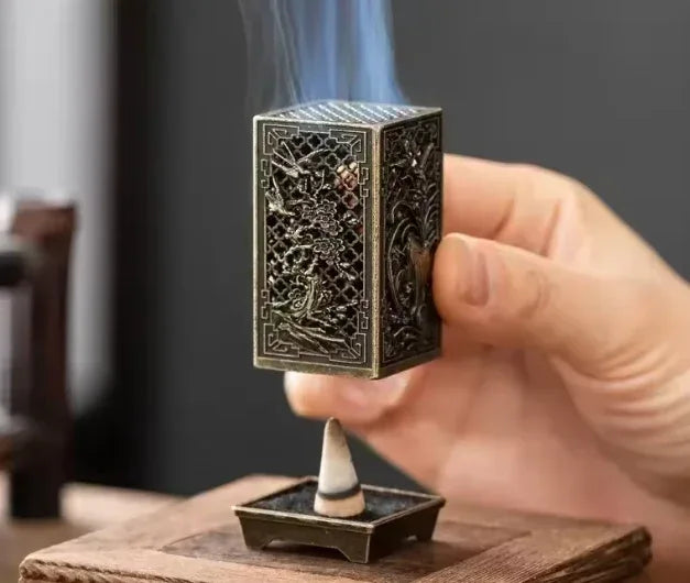 Square Vertical Incense Burner | Chinese Alloy Incense Holder with Xiangyun Plum Blossom Design