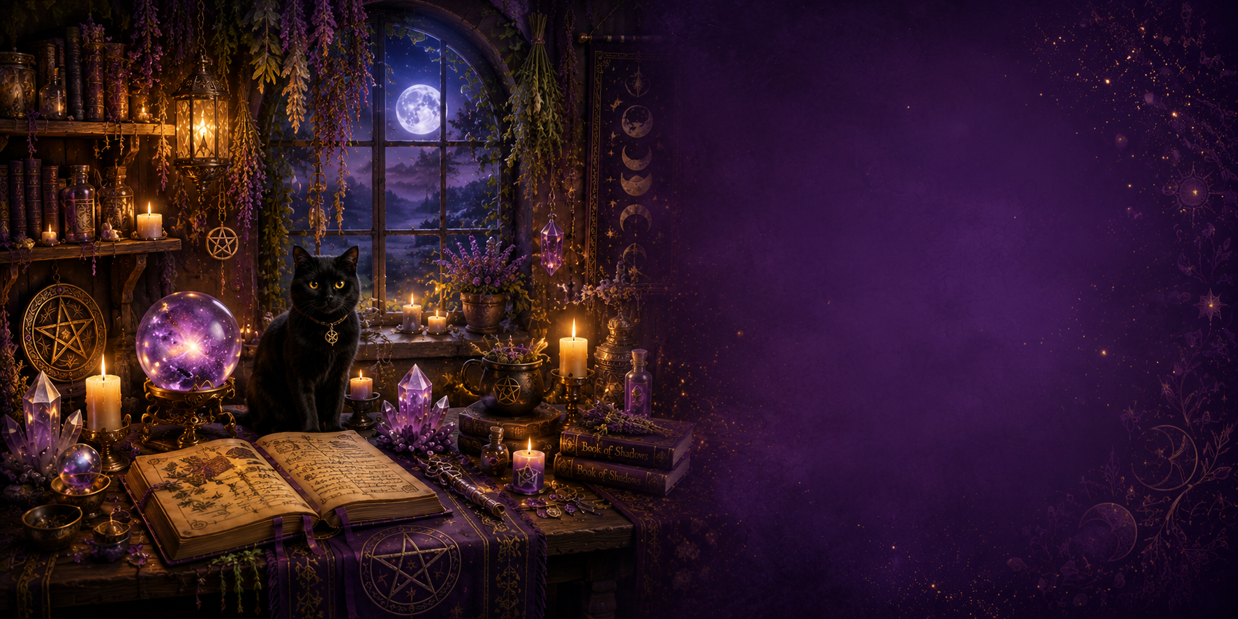 Witch's altar with books, candles, and a black cat in a mystical setting.