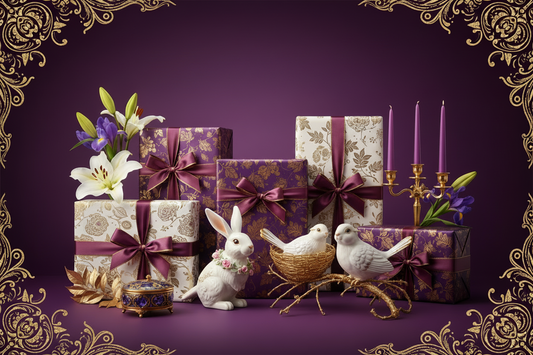 Elegant Easter gift collection featuring beautifully wrapped purple and gold gifts, decorative figurines and spring flowers arranged on a rich purple background