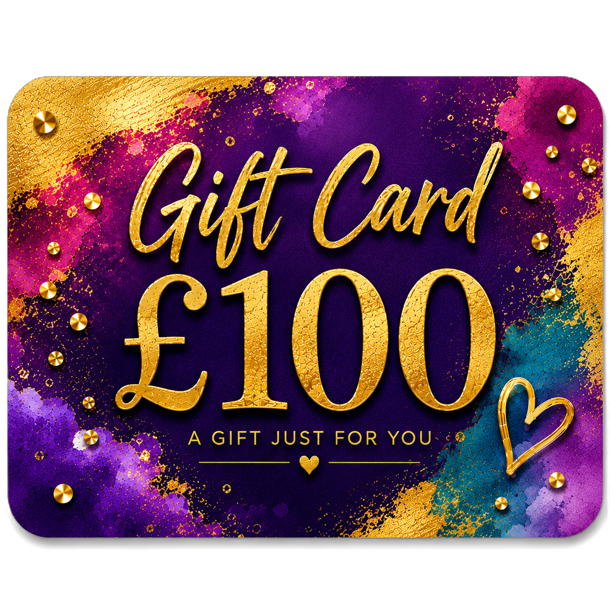 Gift card with gold text and colorful design on a white background