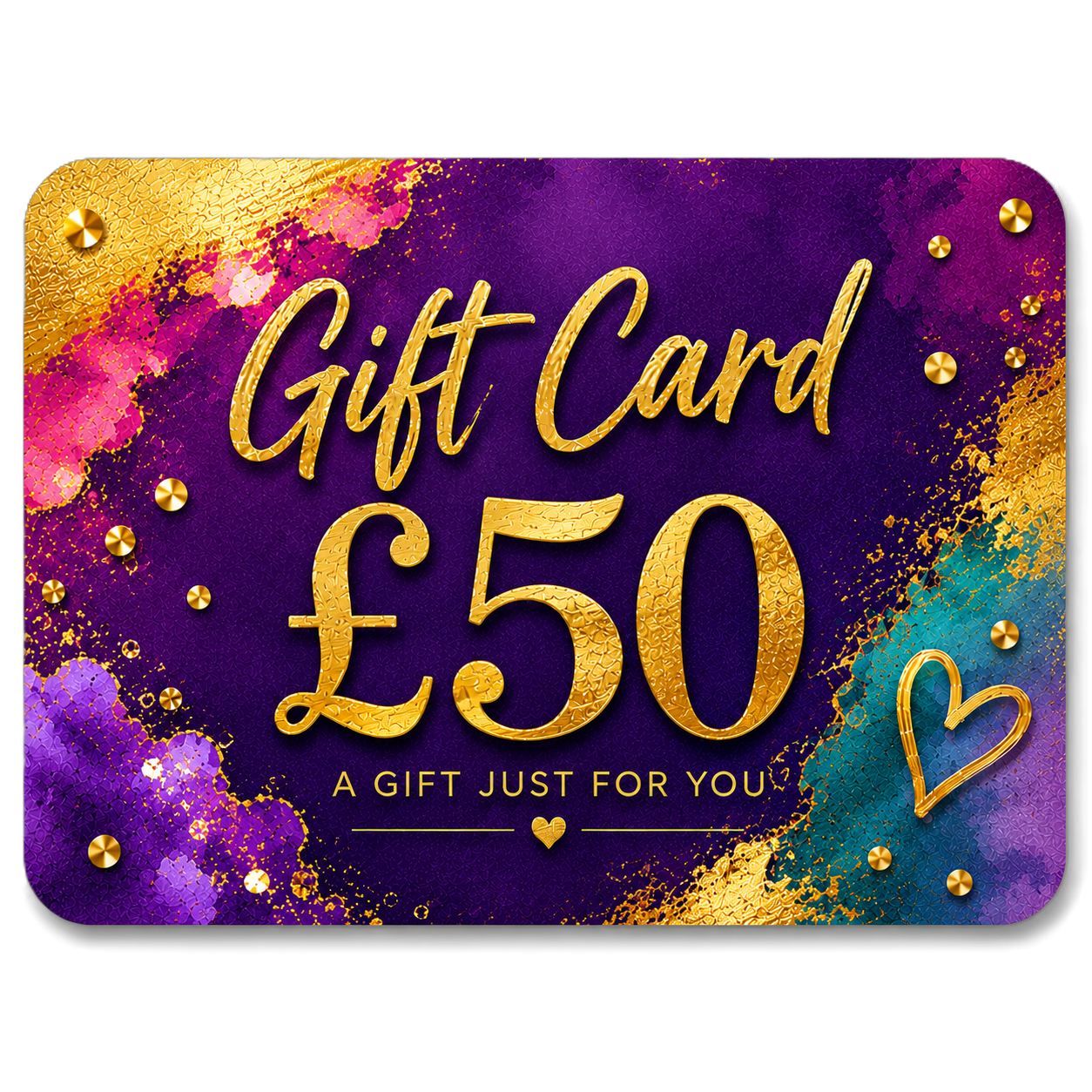 Gift card with £50 value on a colorful background