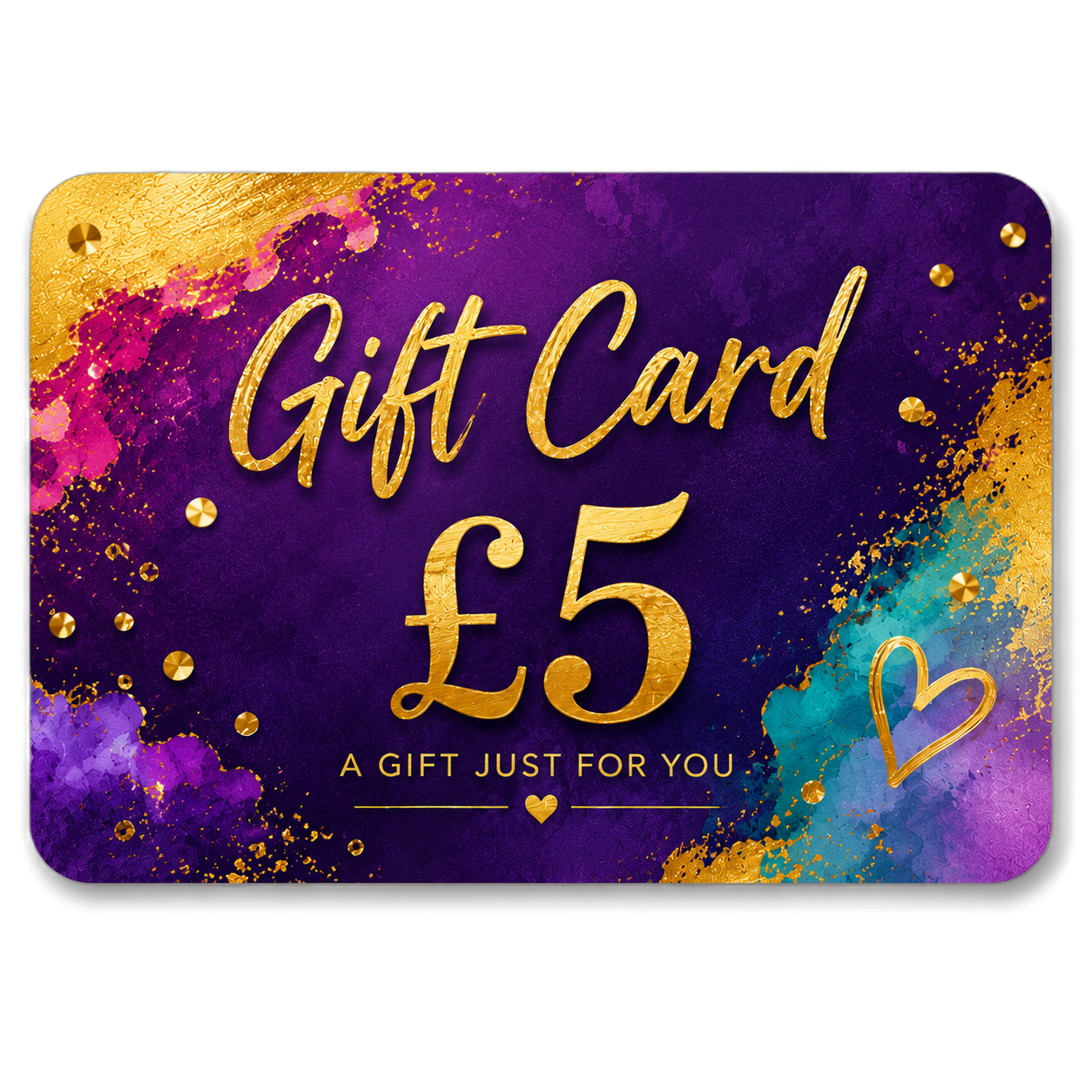 Gift card with gold text on a colorful watercolor background