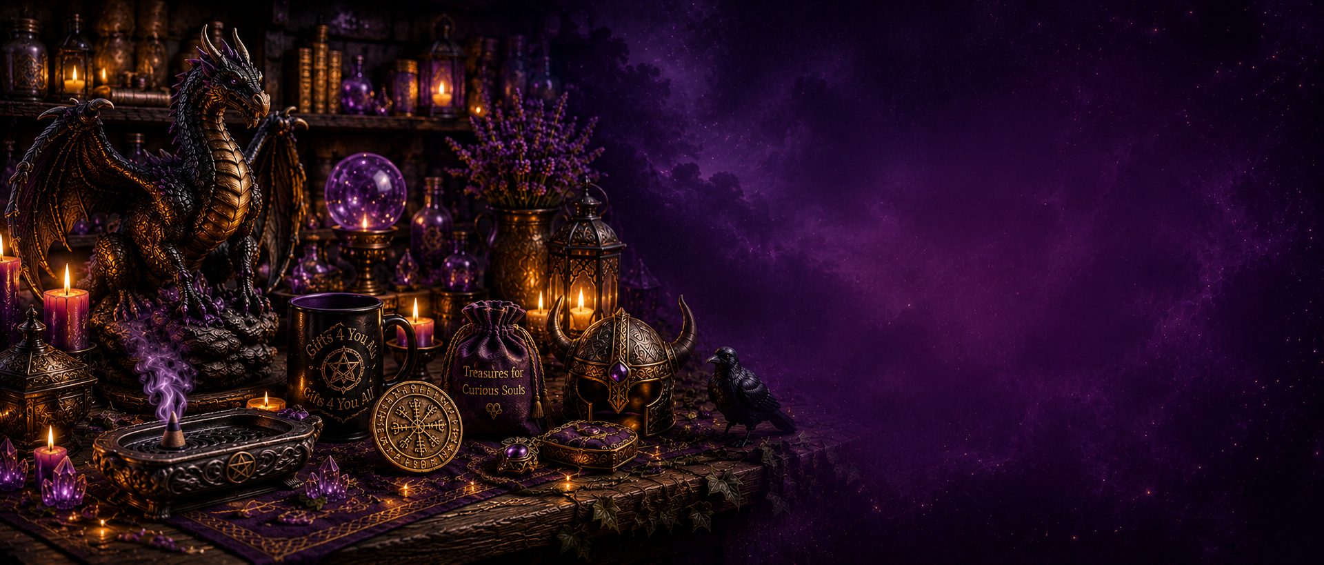 Witchcraft altar with candles, potions, and a dragon on a dark purple background