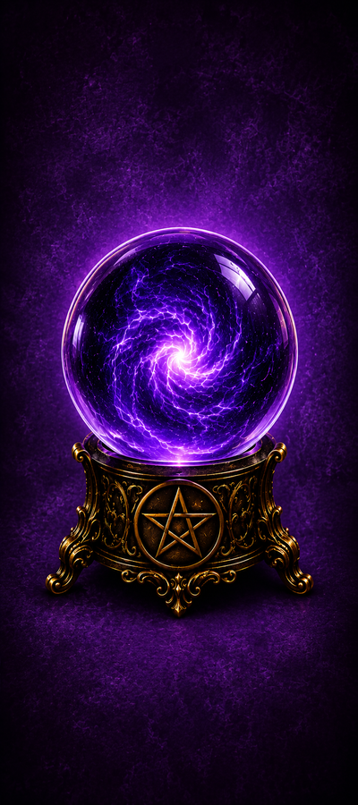 Crystal ball with swirling purple light on a dark purple background