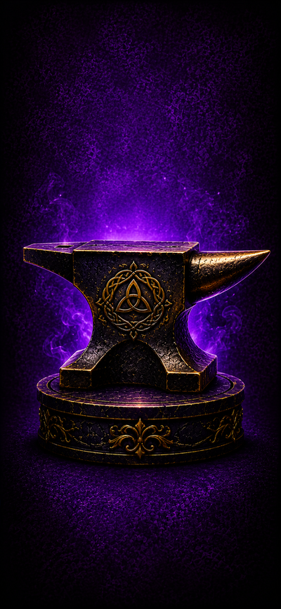 Decorative anvil with intricate designs on a dark background with purple lighting