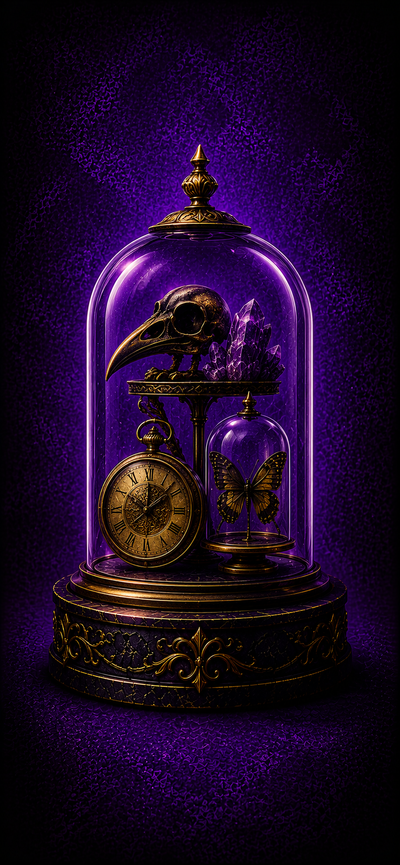 Decorative clock and bird skull under a glass dome on a dark background