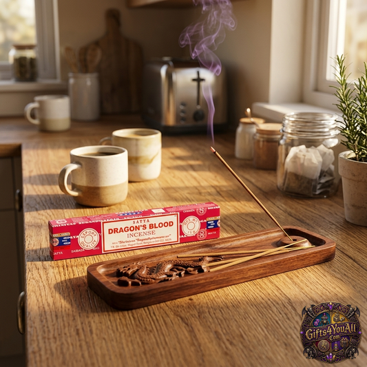 Incense stick box labeled 'Dragon's Blood' on a wooden table with incense burning.