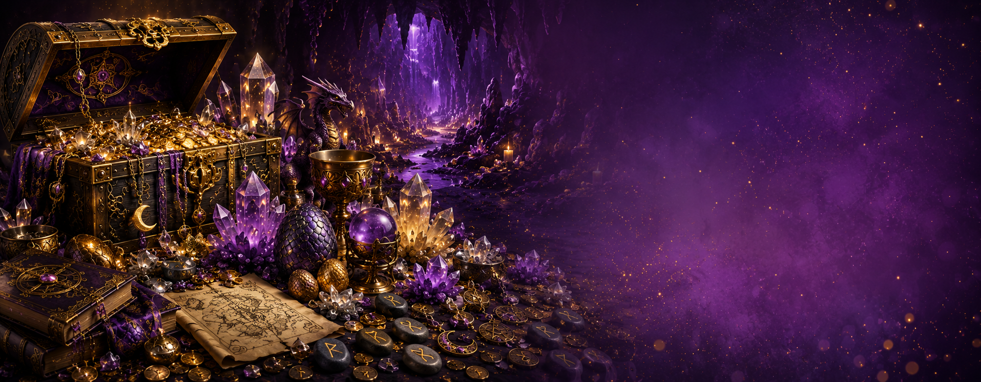 Fantasy table setting with glowing crystals and treasure chest on a dark purple background