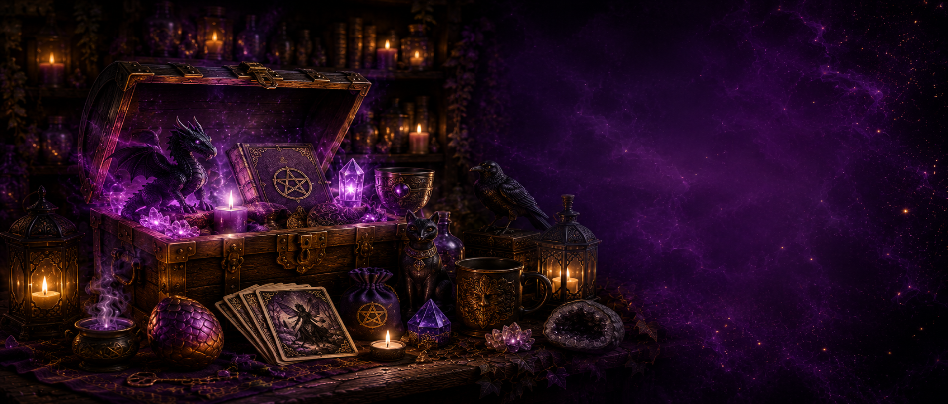 Magical setup with a open treasure chest, candles, and mystical objects on a dark background.
