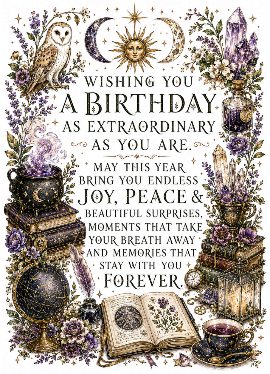 Birthday card with mystical elements, flowers, and text on a white background