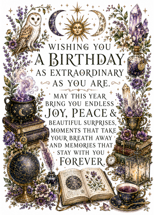 Birthday card with mystical elements, flowers, and text on a white background