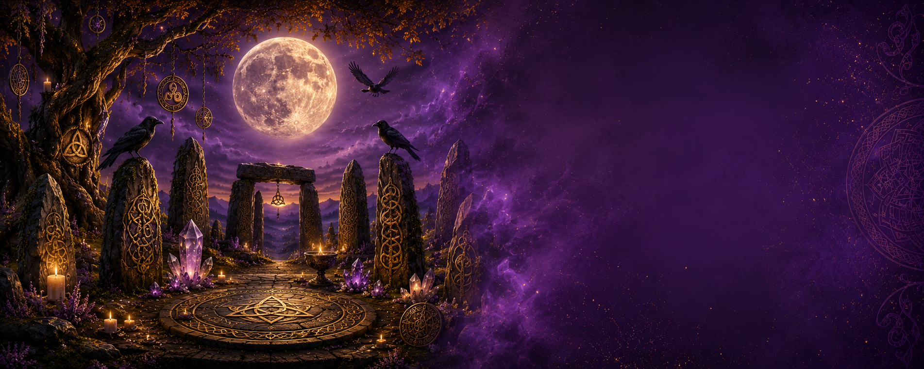 Mystical scene with stone circle, full moon, and crows under a purple sky.