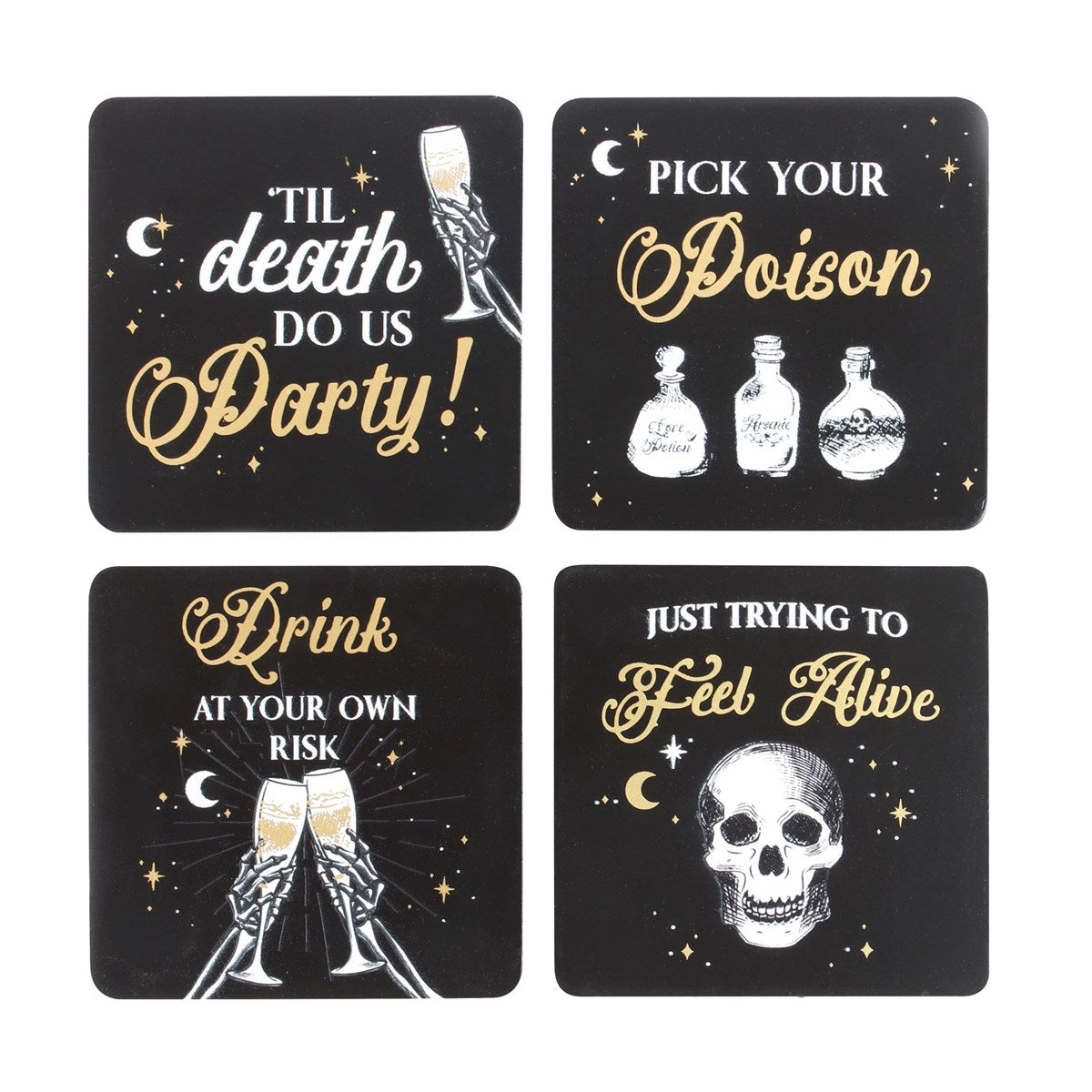 Til Death Do Us Party Skeleton Coaster Set - Black & Gold (Set of 4 with Stand)
