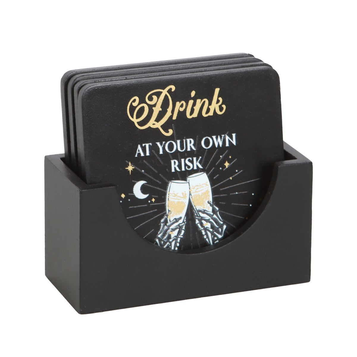 Til Death Do Us Party Skeleton Coaster Set - Black & Gold (Set of 4 with Stand)