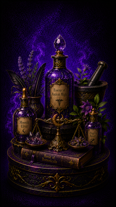 Purple potion bottles with labels on a dark background