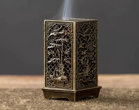 Square Vertical Incense Burner | Chinese Alloy Incense Holder with Xiangyun Plum Blossom Design