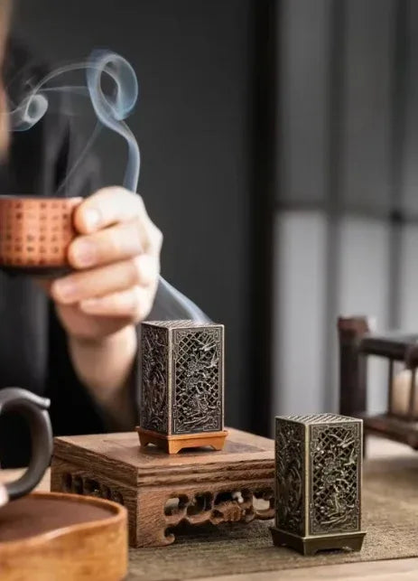 Square Vertical Incense Burner | Chinese Alloy Incense Holder with Xiangyun Plum Blossom Design