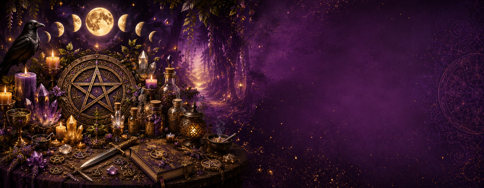 Witchcraft altar with pentacle, candles, and moon phases on a dark purple background