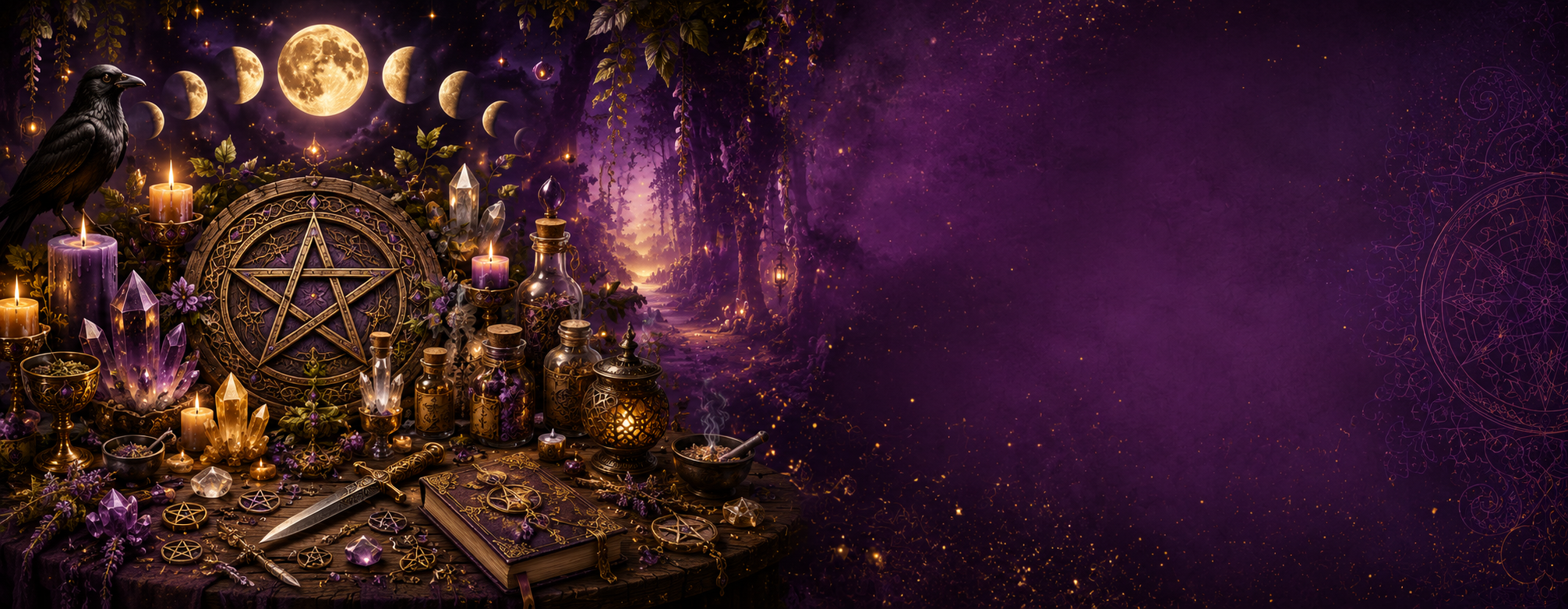 Witchcraft altar with pentacle, candles, and moon phases on a dark purple background
