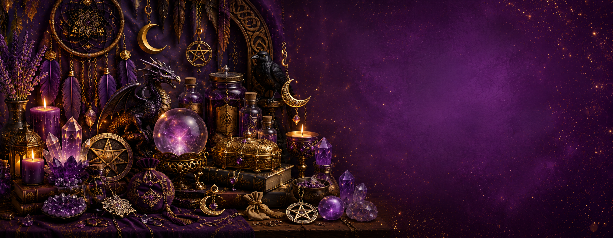 Witchcraft or spirituality theme with purple and black colors, including crystals, candles, and decorative elements on a dark background.